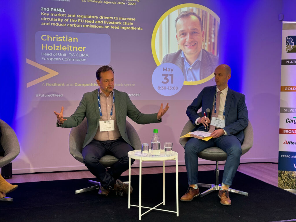 Christian Holzleitner, head of unit, DG CLIMA, European Commission, and FEFAC deputy secretary general Anton van den Brink discuss the business opportunities that come with the development of circular feed.